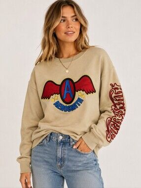 Aerosmith Tan Embroidered Graphic Crewneck Sweatshirt Women's Large